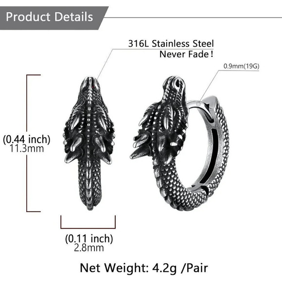 Women  Hypoallergenic Stainless Steel Stud Personalized Dragon Earrings - Picture 8 of 11